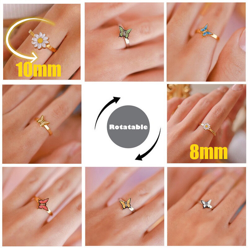 10mm lęk pierścienie dla kobiet Y2k biżuteria pierścionki motyl Daisy koralik anty stres Fidget Spinner pierścienie dla nastolatków 2022 estetyczne