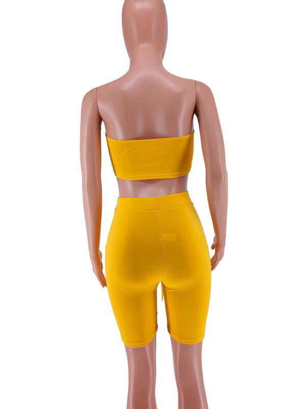 Neon Color Two Piece Sets Women Active Tracksuit Summer Strapless Lace Up Crop Tops Bandage Bikers Shorts Outfit Streetwear Suit