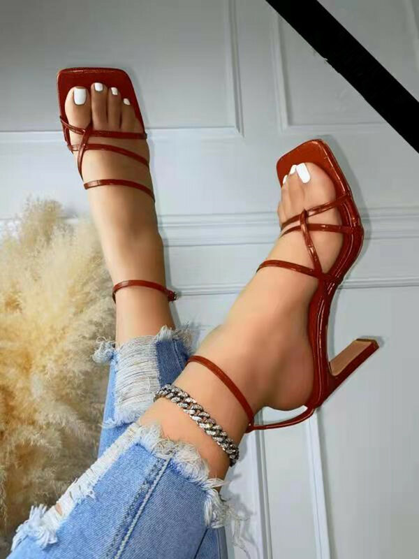 2022 nova moda verão rendas até design sandálias femininas pu tornozelo cruz cinta sandálias de salto alto sandálias senhoras sapatos dedo do pé aberto