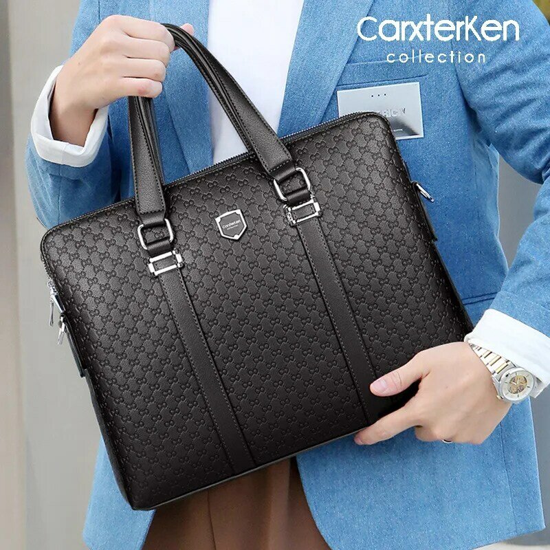 Double Layers Men's Business Briefcase 14 Inch Laptop Case Male Shoulder Crossbody Bag Big Water Proof Travel Tote Black Brown