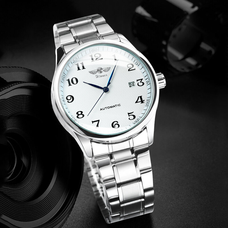 Vencedor-clássico relógio mecânico automático dos homens, relógio mecânico com pulseira de couro, mostrador branco, calendário, data, moda