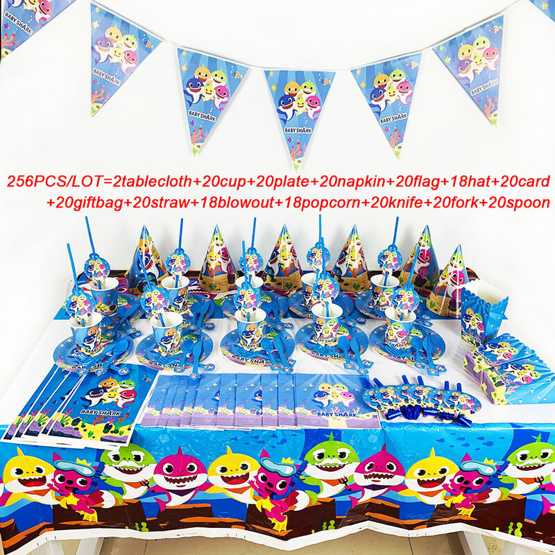 Fournitures de fête requin bleu, 147 pièces, thème de personnage de dessin animé bébé garçon, anniversaire requin océan, décoration de fête, gobelets en papier