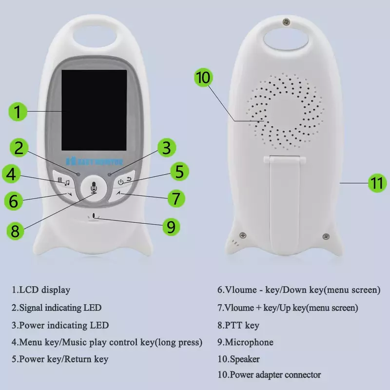 Babyphone vidéo sans fil, écran couleur 2", vision nocturne LED IR, caméra de sécurité pour bébé, communication bidirectionnelle, surveillance de la température, avec 8 berceuses