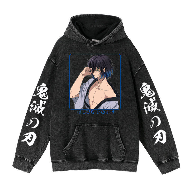 Sweat-shirt à capuche délavé Demon Slayer pour hommes et femmes, Streetwear surdimensionné, imprimé Anime Kyojuro Rengoku