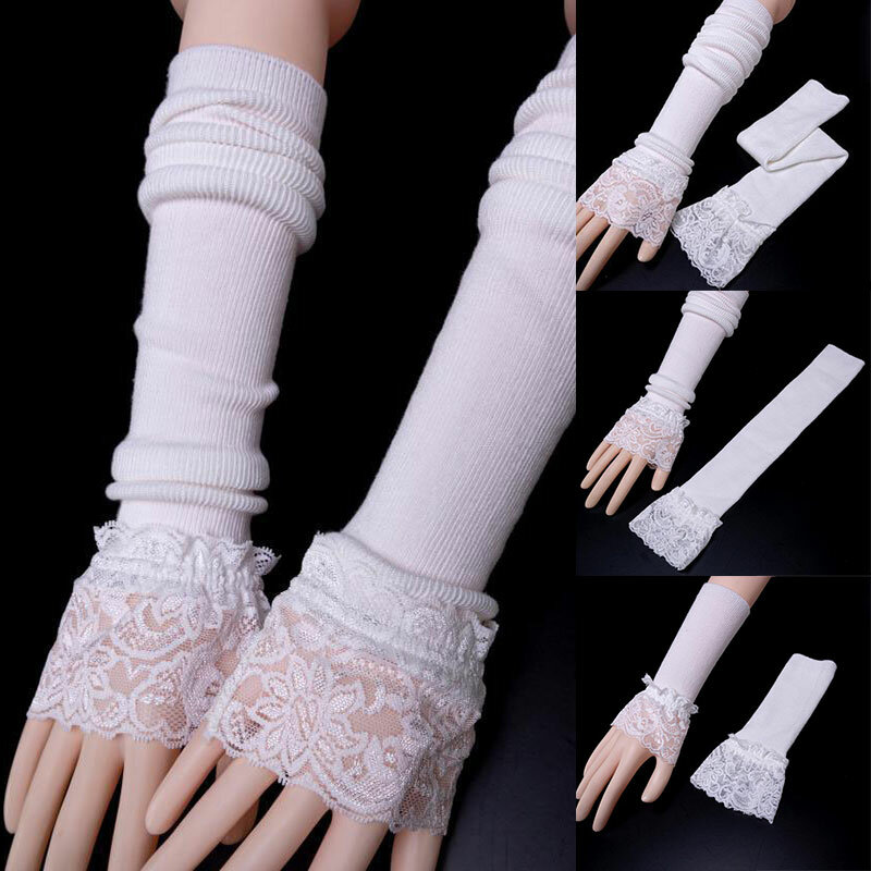 Puños de algodón con encaje para brazos, guantes de longitud media, color blanco y negro, mangas falsas