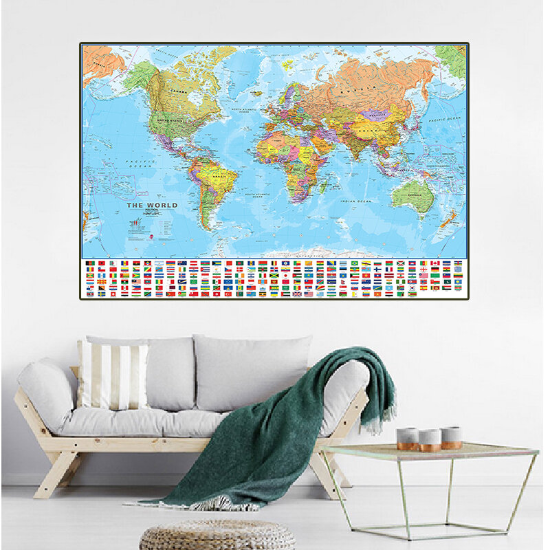 225*150cm mapa polityczna świata z flagi narodowe włókniny płótnie malarstwo duży plakat szkolne Home Decoration