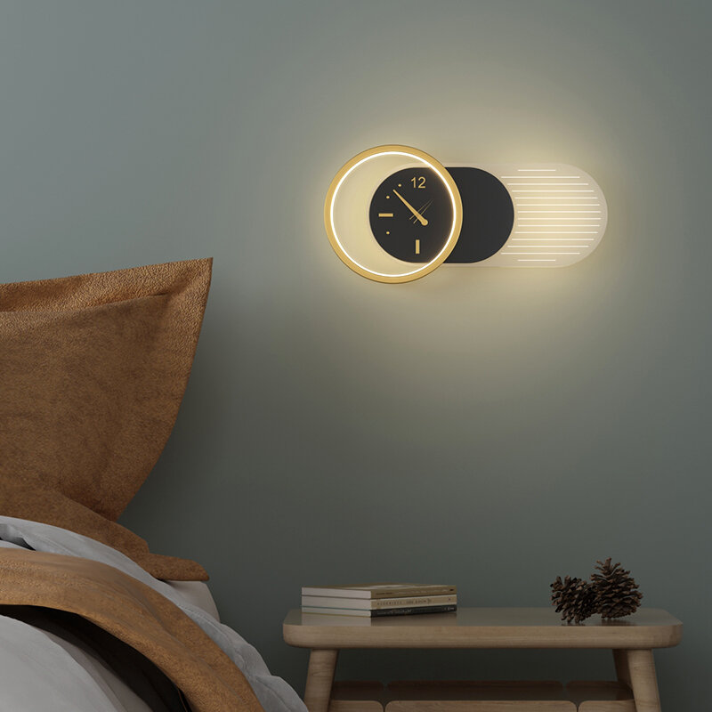 Lámpara de pared con forma de reloj para dormitorio, lámpara de mesita de noche de estilo nórdico, de lujo, creativa, para decoración de fondo de sala de estar y pasillo