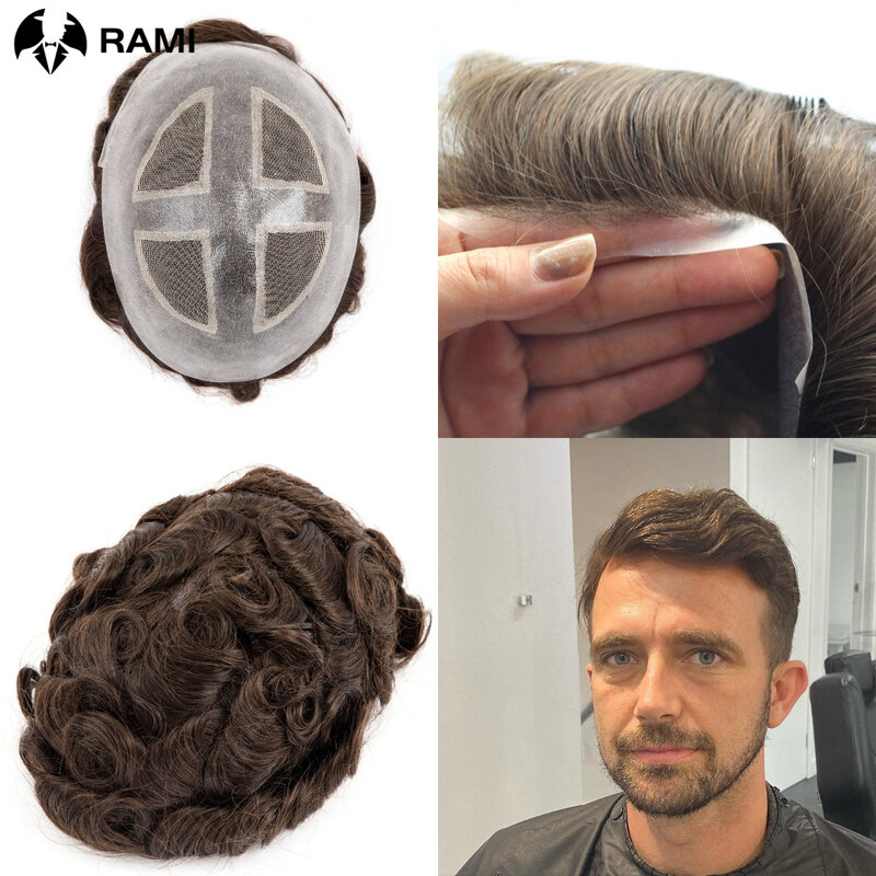 Tupé de cabello humano para hombres, sistema de encaje con piel alrededor, pelucas de prótesis de cabello masculino, postizos naturales para hombres, cabello marrón