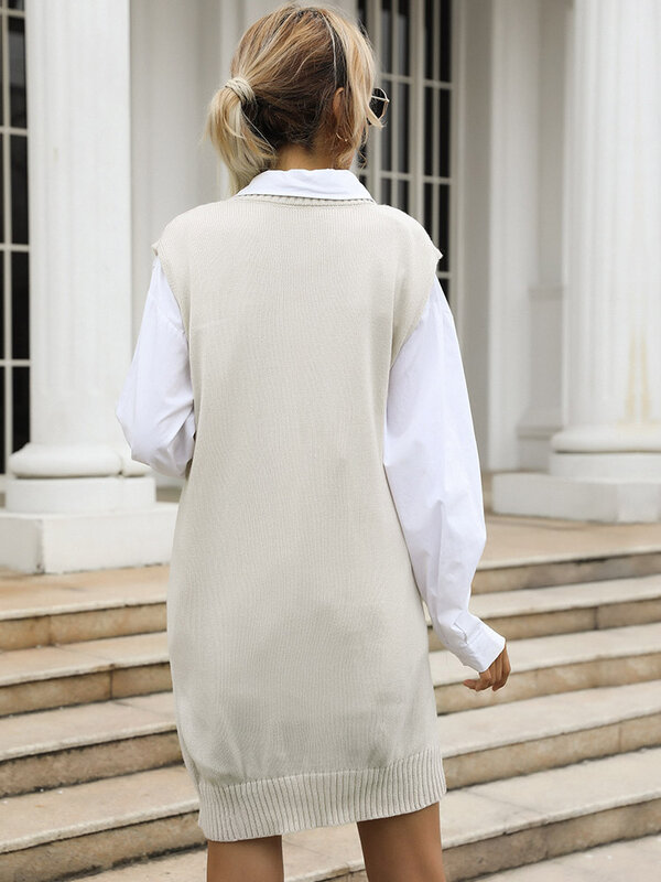 Ji & NORA – robe pull en tricot sans manches pour femme, couleur unie, col en V, longue, ample, décontracté, mode automne