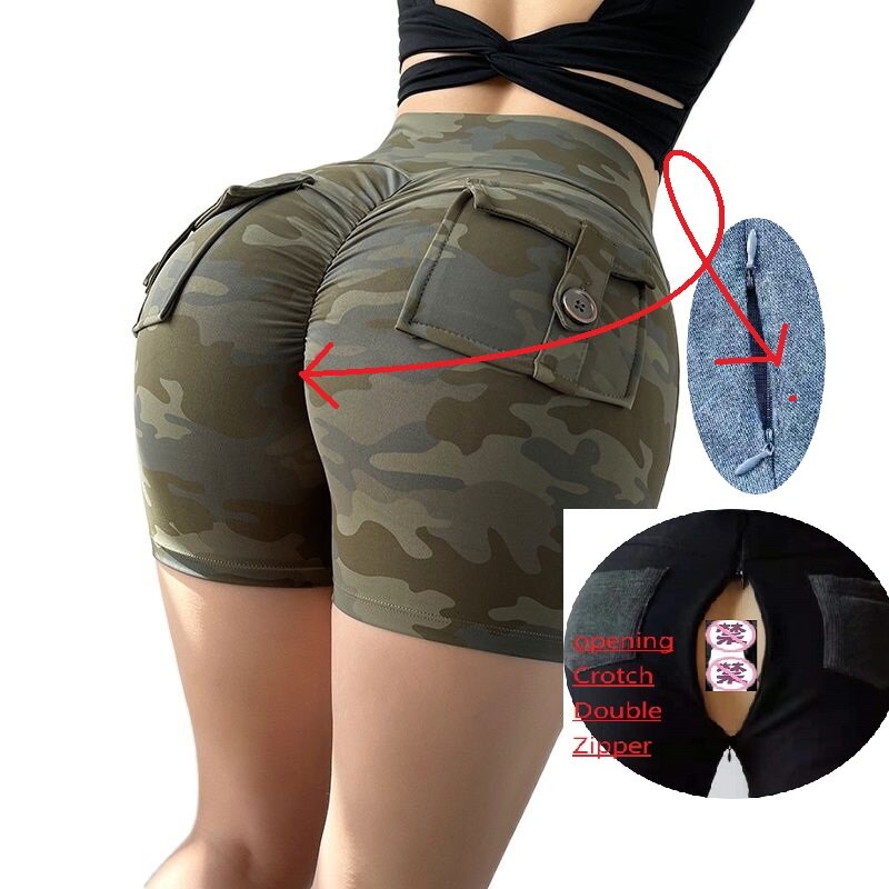 Crotch zipper openings for easy fun pants Summer Sexy Women Sports High Waist Shorts with Pocket Athletic Gym Workout