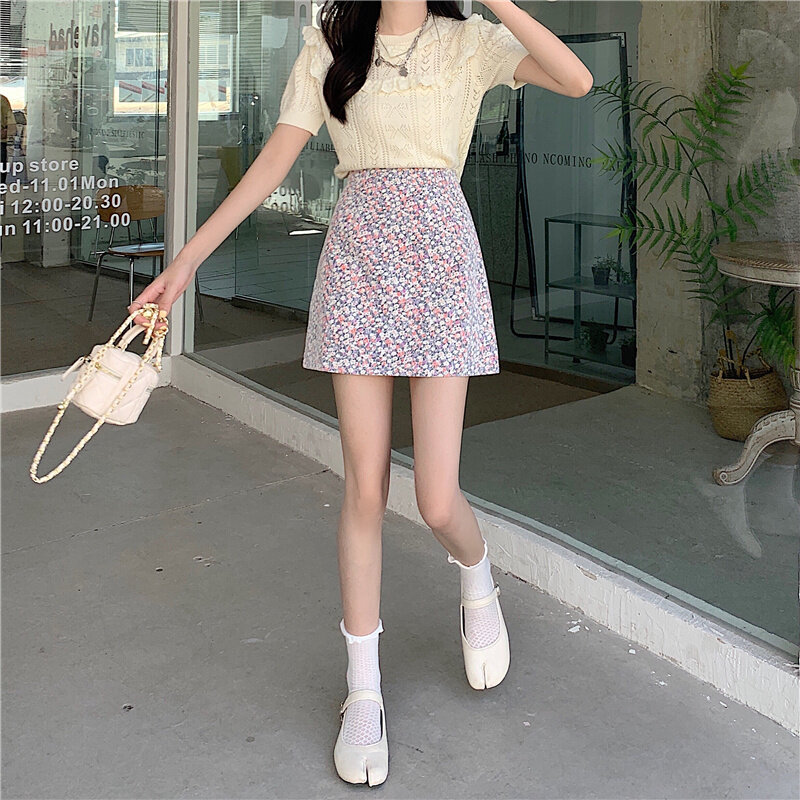 2022 Summer New Korean Version of The Small Fresh Lace Floral Skirt Women's High Waist Thin Printed A-line Short Skirt Chiffon