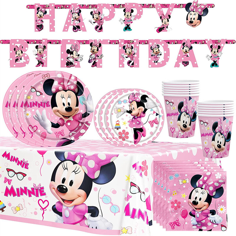 Décoration de fête d'anniversaire Minnie Mouse pour enfants, comprend une tasse en papier, une assiette, une serviette, une décoration de gâteau, un ballon, des fournitures de bain pour bébé fille
