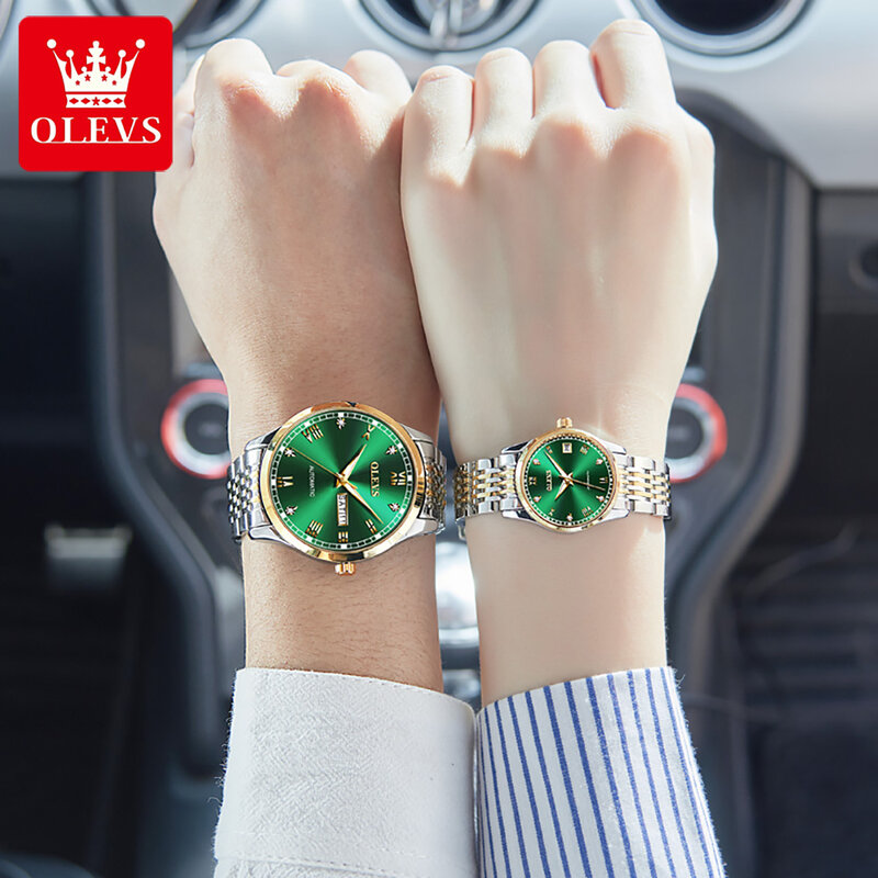 OLEVS-Relojes de pulsera de acero inoxidable para pareja, automáticos, resistentes al agua, mecánicos, a la moda