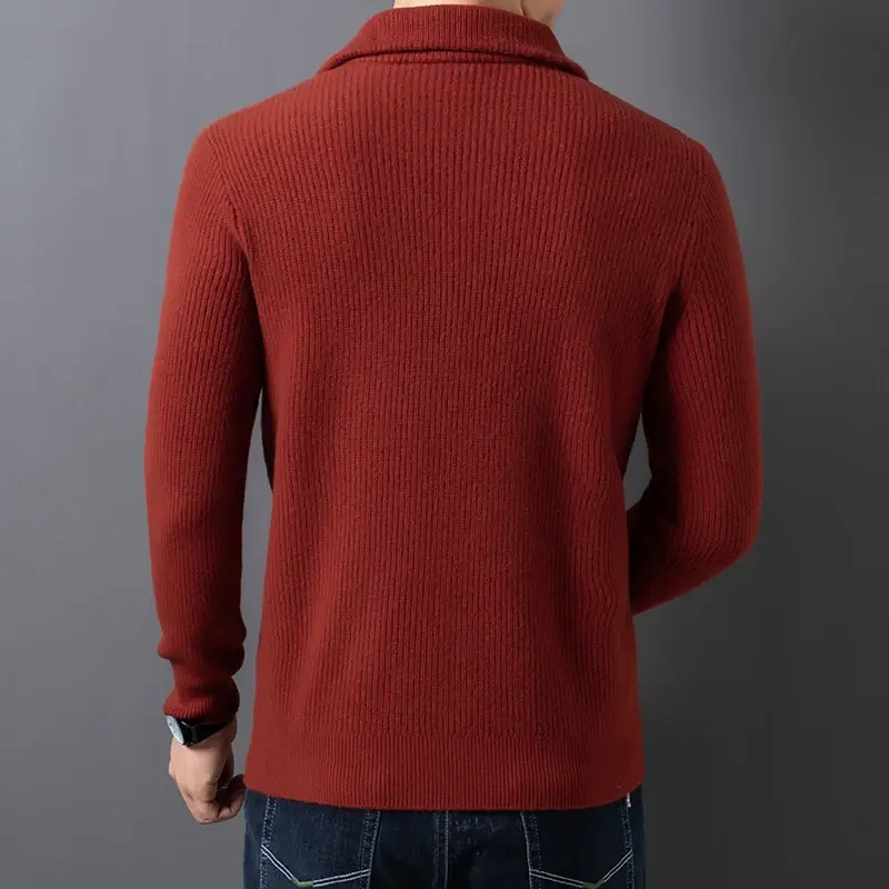 두꺼운 순수 울 스웨터, 남성 겨울 반 지퍼 스탠드 칼라 자카드 트렌드 뜨개질 바닥 셔츠, 남성용 따뜻한 스웨터