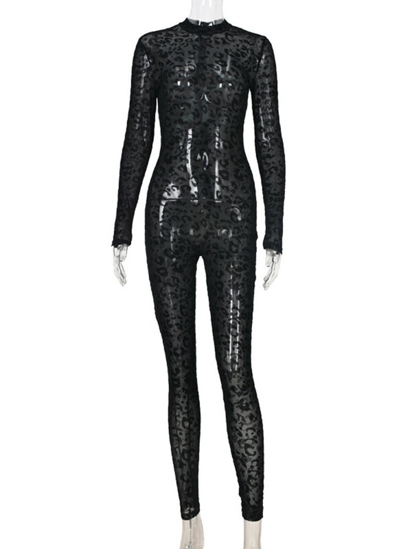 Hirigin-Body en maille Animal Instinct pour femme, velours transparent léopard, barboteuses à manches longues, combinaison sexy, vêtements de nuit
