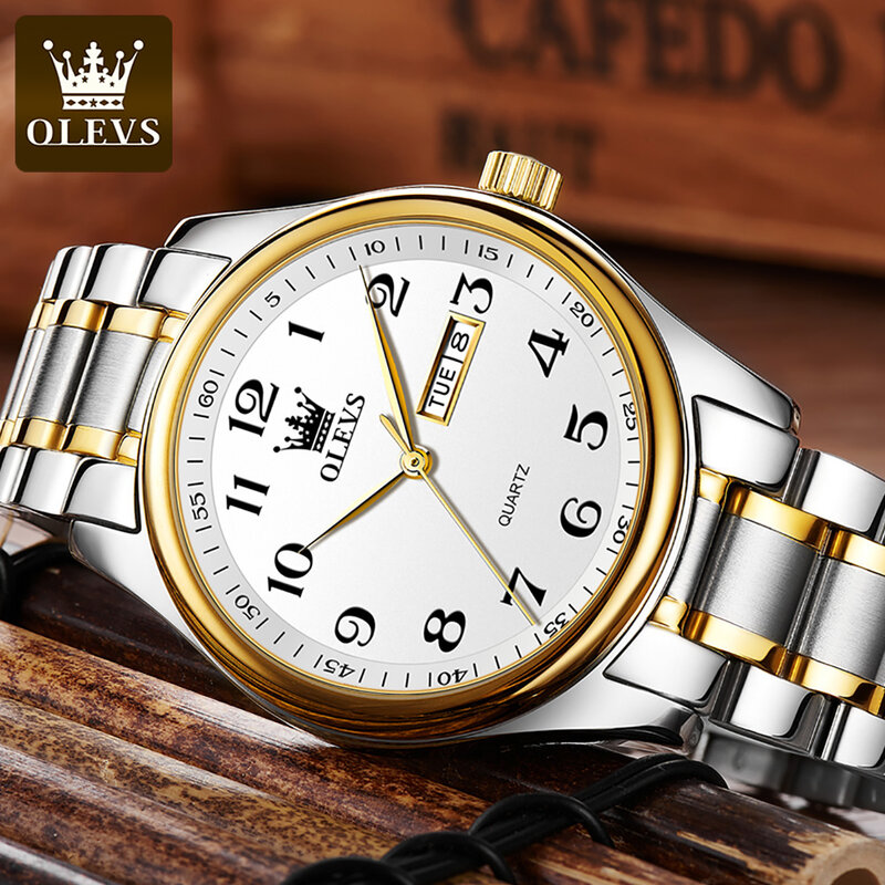 OLEVS-reloj analógico de acero inoxidable para hombre, accesorio de pulsera de cuarzo resistente al agua con calendario, complemento masculino de marca de lujo con diseño moderno y estilo informal