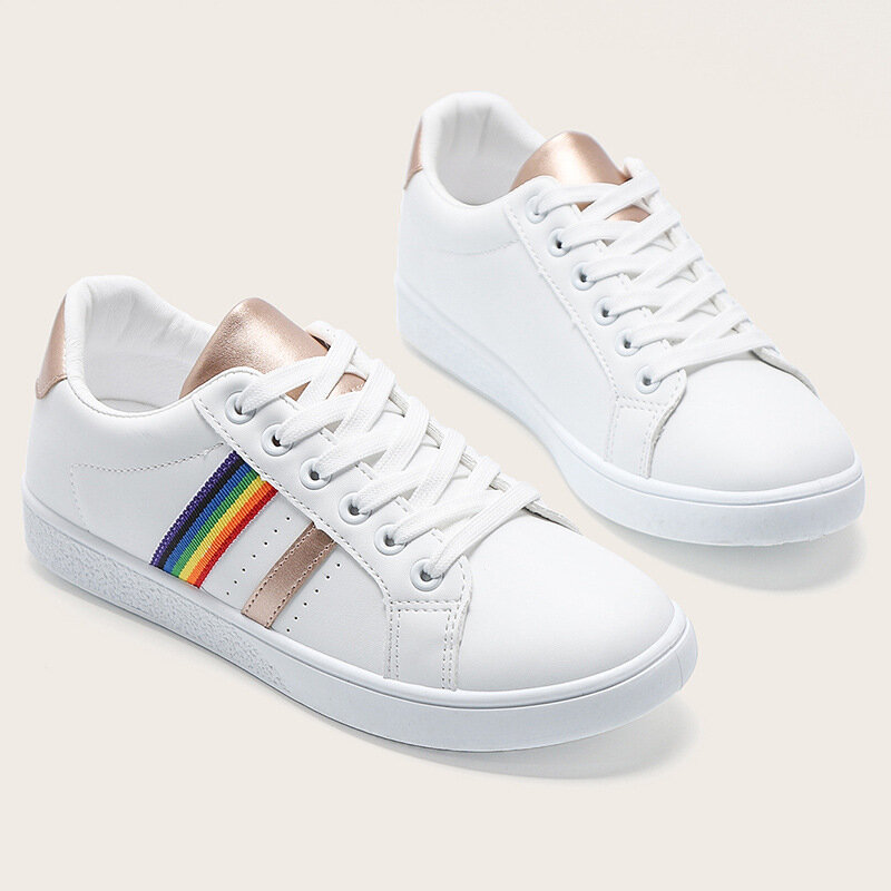 Sapatos brancos personalidade arco-íris femininos, tênis casual simples com cadarço respirável antiderrapante