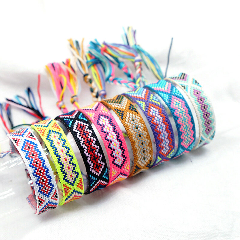 Hand Weave Geflochtene Boho Armband Sommer Strand Böhmischen Vintage Baumwolle Seil String Nepal Yoga Ethnische Regenbogen Woven Armbänder