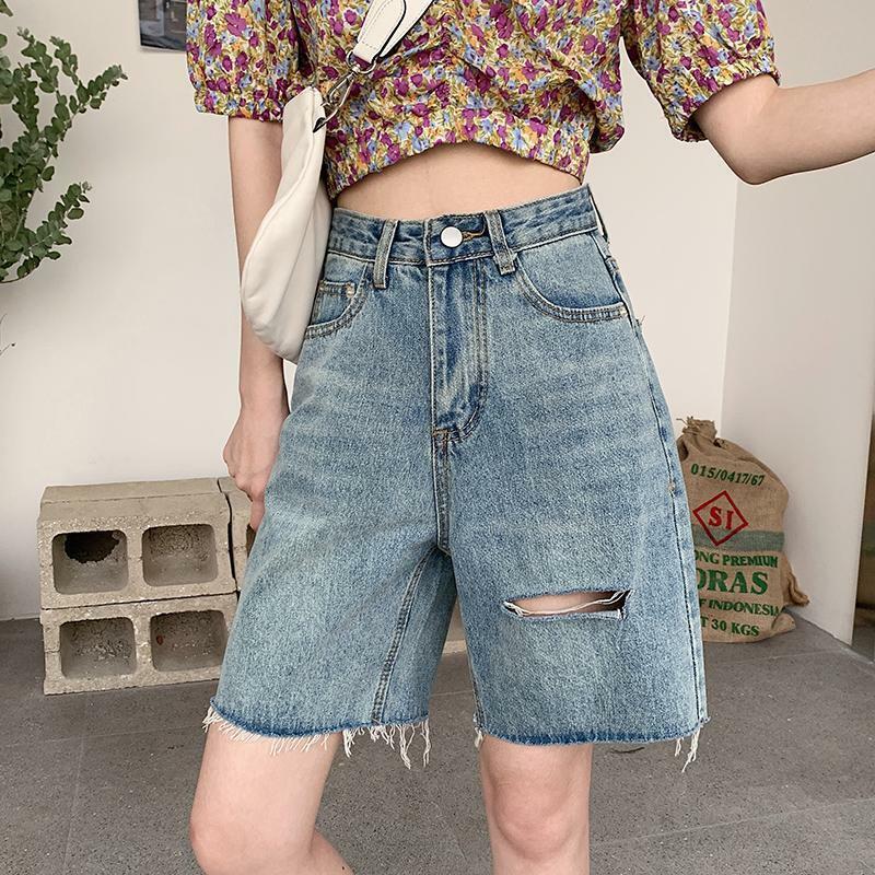 2022 Calça Jeans Nova das Mulheres Solta Coreano Shorts de Verão Cintura Alta Pernas Largas Perfuradas Perfuradas Calças Retas de Cinco Ponto
