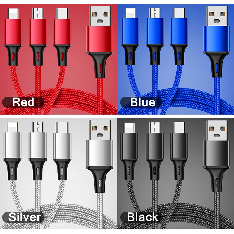 3 in 1 USB Cable Type C Cable Micro USB For iPhone 14 13 Pro Max Xiaomi 12 11 Huawei Samsung Mobile Phone Charge Nylon Cord