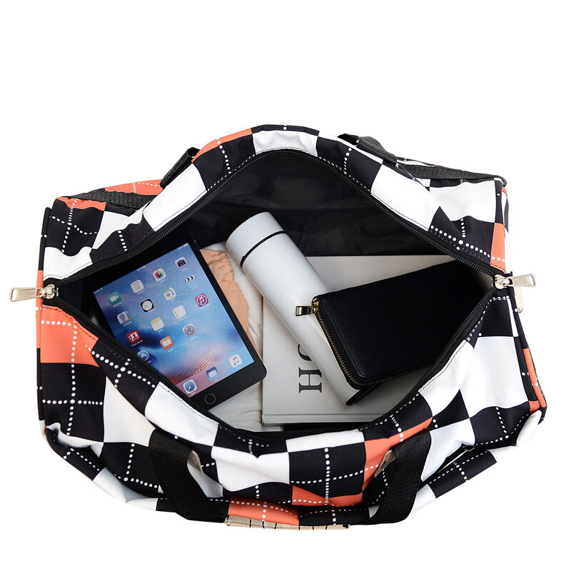 Yilian saco de viagem das mulheres seco e molhado separado esportes bolsa de ombro preto e branco checkerboard portátil saco de armazenamento de fitness