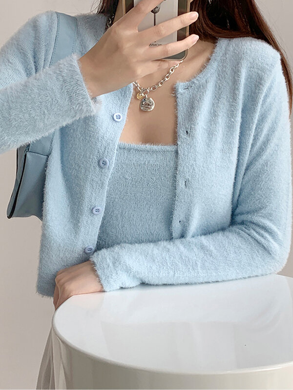 Autunno due pezzi maglione gilet donna corto aperto ombelico bretella gilet Cardigan lavorato a maglia moda coreana Crop Top Set Y2k vestiti