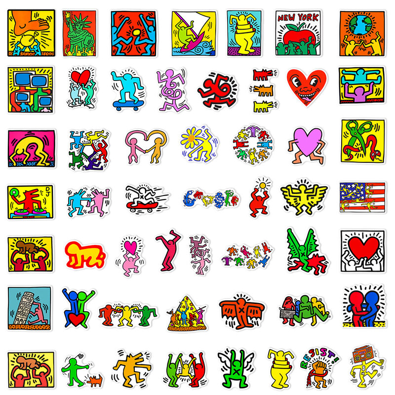 Keith Haring Cartoon Graffiti Adesivos, À prova d'água, Parede, Laptop, Motocicleta, Skate, Engraçado, Decalques, Brinquedo clássico, 10 pcs, 30 pcs, 50pcs