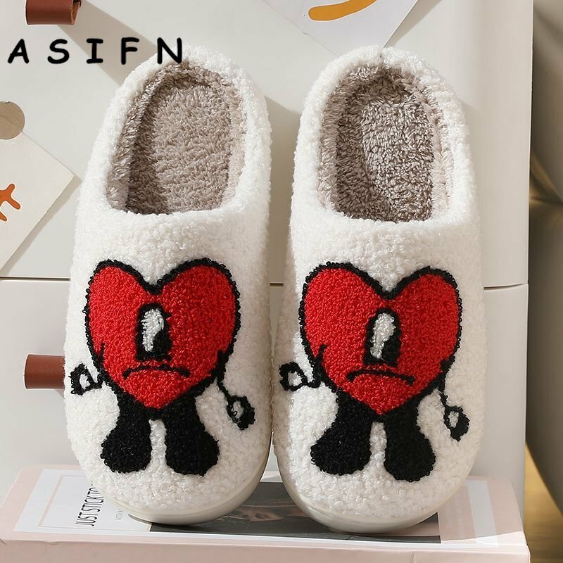 ASIFN-Zapatillas de casa cálidas de Invierno para mujer, zapatos de felpa de algodón con cojín de amor de conejo malo, para dormitorio