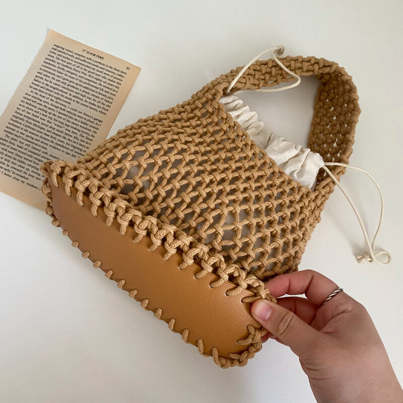 Women Cotton Thread Tote Bag 2022 Summer Designer Purse and Handbag Ladies Fashion Top Handle Bag Knitting Hollow Out Bucket Bag