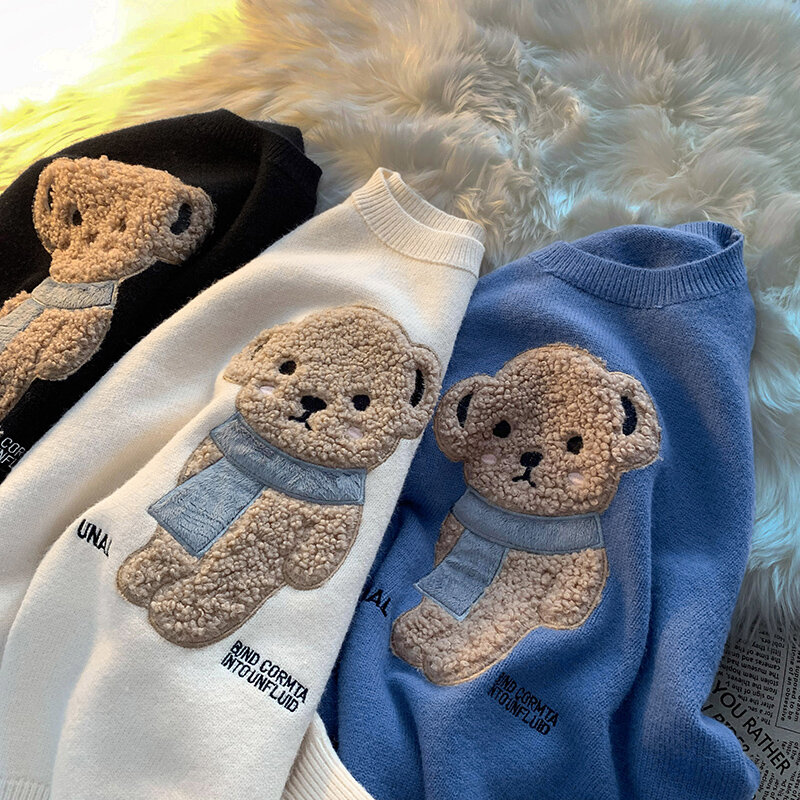 Женские пуловеры, зимние вязаные джемперы с милым медведем, вязаный свитер в стиле Харадзюку 2022, свободные пуловеры с круглым вырезом, больш...