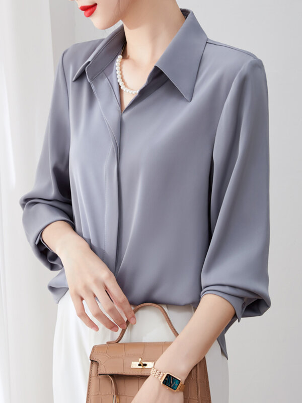 Blusa básica de gasa con cuello de Polo para mujer, camisa elegante con botones, ropa Lisa para mujer 2022