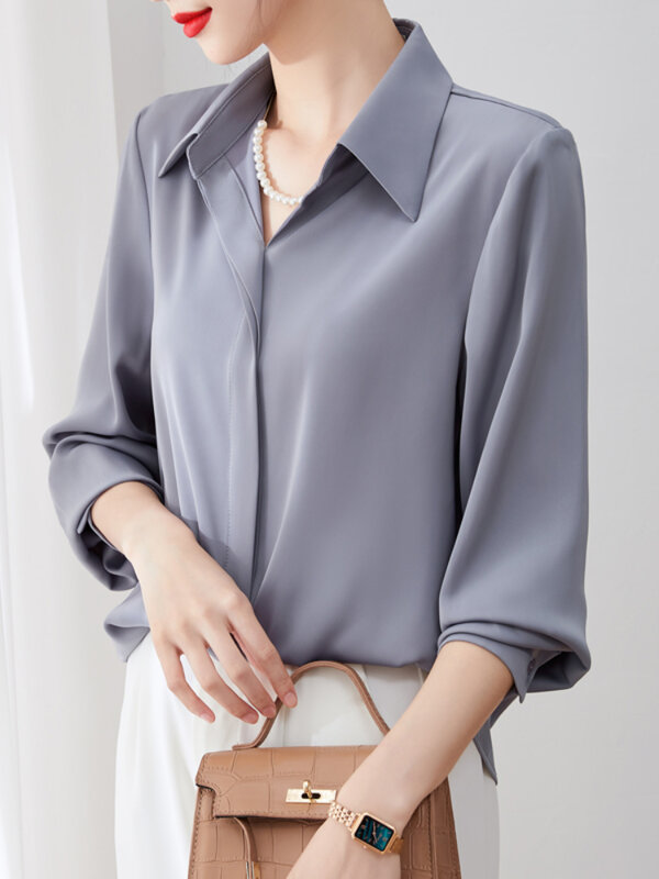 Mode Vrouw Blouses 2022 Polo-Hals Elegante Vrouwen Button Shirt Chiffon Blouse Vrouwen Basic Dames Top Ol Solid vrouwelijke Kleding