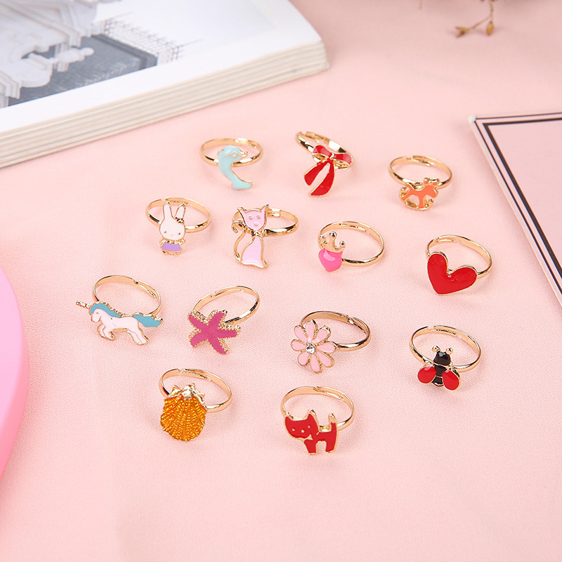 10pcs Random Kids Cute Adjustable Rings Girls Pretend Play Makeup Beauty Toys Animal Crystal Alloy Jewelry Ring Girl Toy Gift
