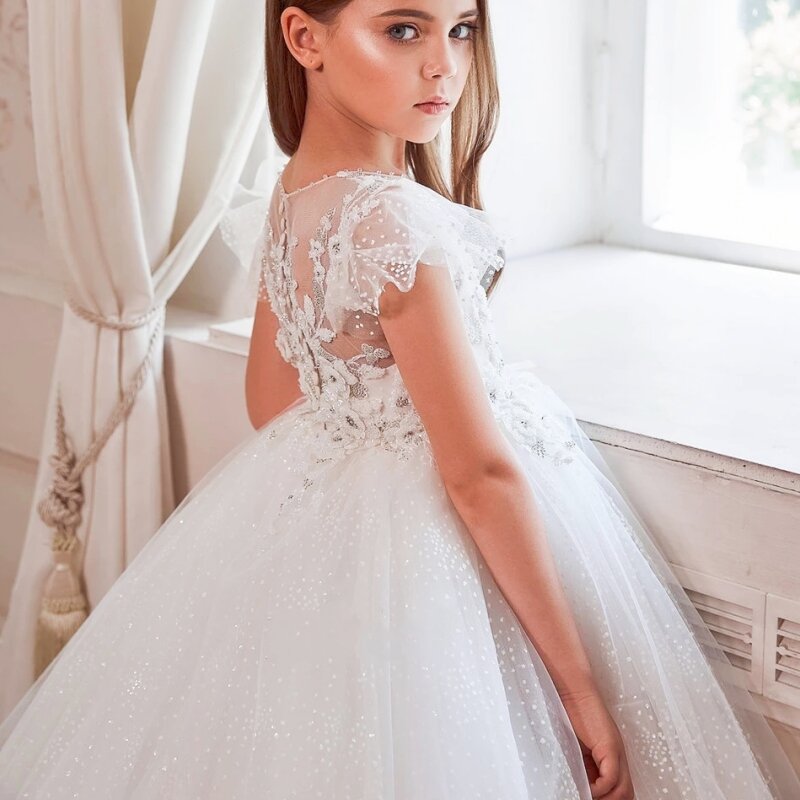 Bloem Meisje Jurk Glitter Tulle Applicaties Mouwloze Kinderen Voor Wedding Party Gown Eerste Communie Jurken