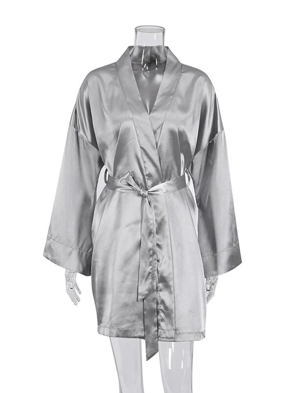 Hiloc – robe de chambre Sexy pour femmes, manches évasées, Robes amples noires, col en v, vêtements de nuit avec ceinture, 2022