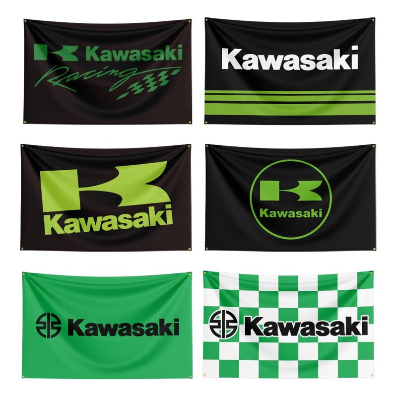 Spanduk Balap Gambar Digital Poliester Bendera Motor Kawasaki 3X5 Kaki untuk Moto Club