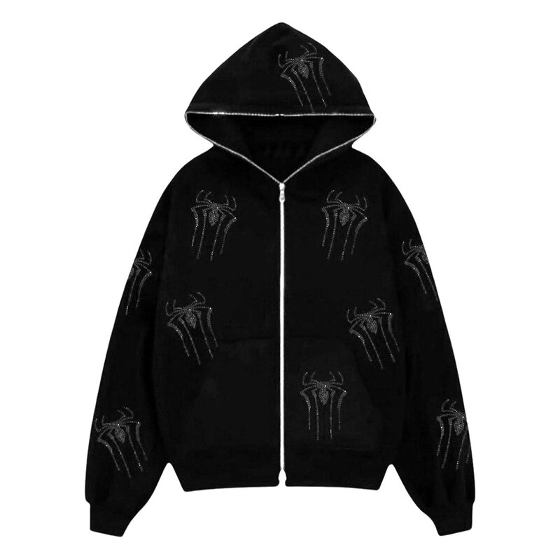 Suéter con estampado de diamantes de imitación de araña para hombre y mujer, chaqueta con cremallera suelta, Sudadera con capucha Harajuku, 2023
