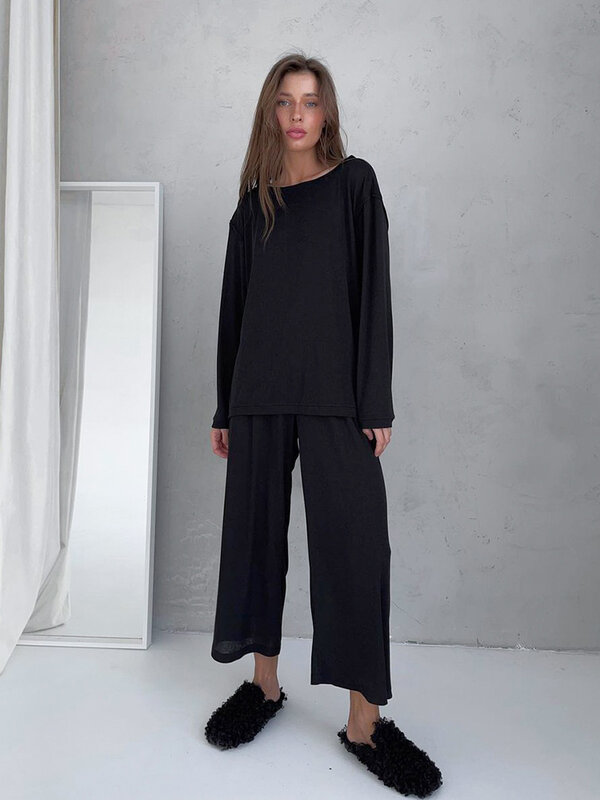 Hiloc preto com nervuras casa terno para mulher sleepwear manga longa define roupas das mulheres cinza de malha roupas para casa das mulheres 2022 pijama