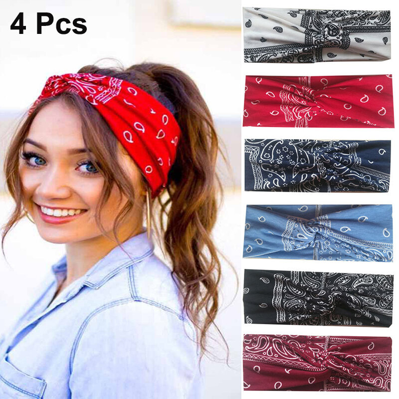 4pcs/lot  Women Print Headbands Vintage Cross Turban Scarf Bandage Head Band Hair Accessories For Girls Yoga Sport Hair Bands