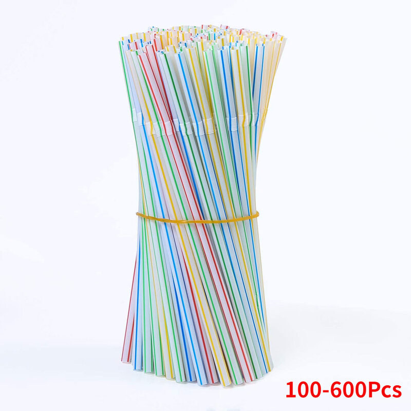 Pajitas de plástico desechables para beber, suministros para cocina, fiesta, evento, a rayas, flexibles, 100-600 piezas