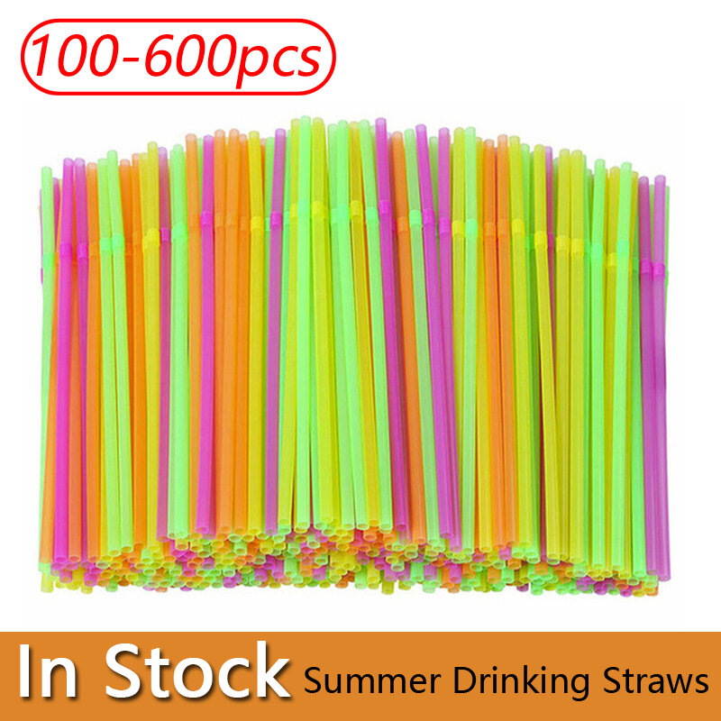 600 Buah Warna Neon Plastik Sekali Pakai Sedotan Minum Sedotan Panjang Siku Pesta untuk Perlengkapan Minuman Dapur Tabung Minum