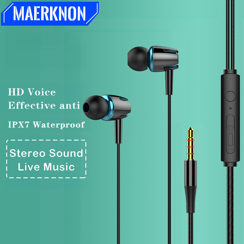 Headphone 3.5mm dengan mikrofon, earbud musik HIFI Stereo peredam bising headphone kabel Bass dengan Volume yang dapat disesuaikan