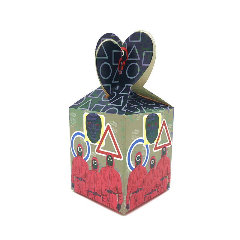 Caja de dulces de juego de calamar, decoración de fiesta temática de feliz cumpleaños, suministros para fiesta de bebé, círculo triangular de hombre enmascarado, Globos