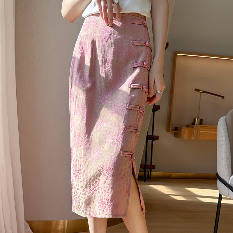 Жаккардовая юбка в стиле ретро, женская элегантная юбка с завышенной талией и разрезом на бедрах, узкая летняя юбка с пряжкой в национальном...