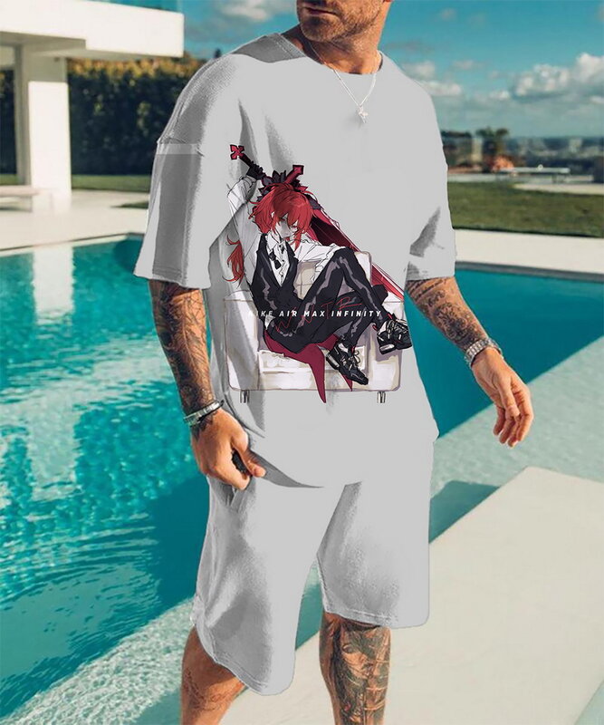 Verão terno masculino camiseta shorts de duas peças anime impressão digital roupas esportivas jogging wear moda streetwear conjunto