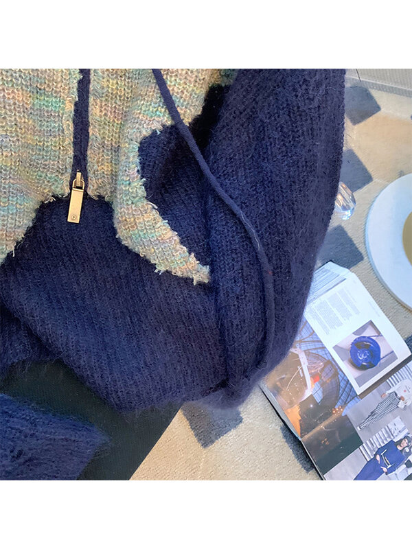 Pull imprimé Vintage pour femmes, pull tricoté ample avec cordon de serrage, capuche, couleur contrastée, fermeture éclair, automne hiver