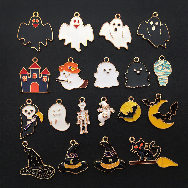 10pcs Enamel Charms Pendant for Jewelry Making Ghost Broom Bat Wizard Hat Necklace Earring DIY Halloween Gift Accessories Crafts