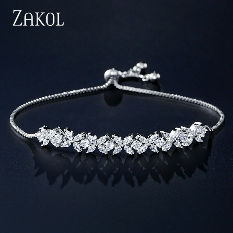 Zakol nova chegada branco cz pedras de zircão flor charme pulseiras ajustáveis para as mulheres da moda jóias de casamento fsbp2136