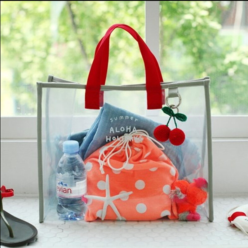 여자 새 방수 투명 가방 여름 휴대용 분명 PVC 비치 가방 대용량 비닐 봉투 소녀 어깨 구매자 가방