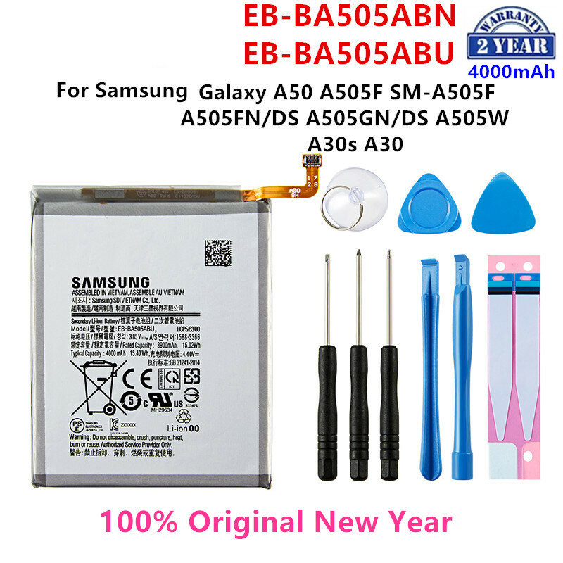 Batería de EB-BA505ABN original para móvil, EB-BA505ABU de 100% mAh para 4000 Galaxy A50, A505F, SM-A505F, A505FN/DS/GN, A505W, A30s, A30 +, 100%